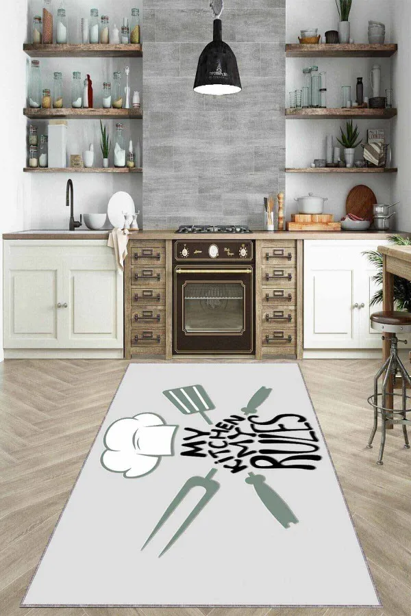 Dikdörtgen Mutfak Halısı Gri Kaymaz Tabanlı My Kitchen My Rules Mutfak Halısı MT01