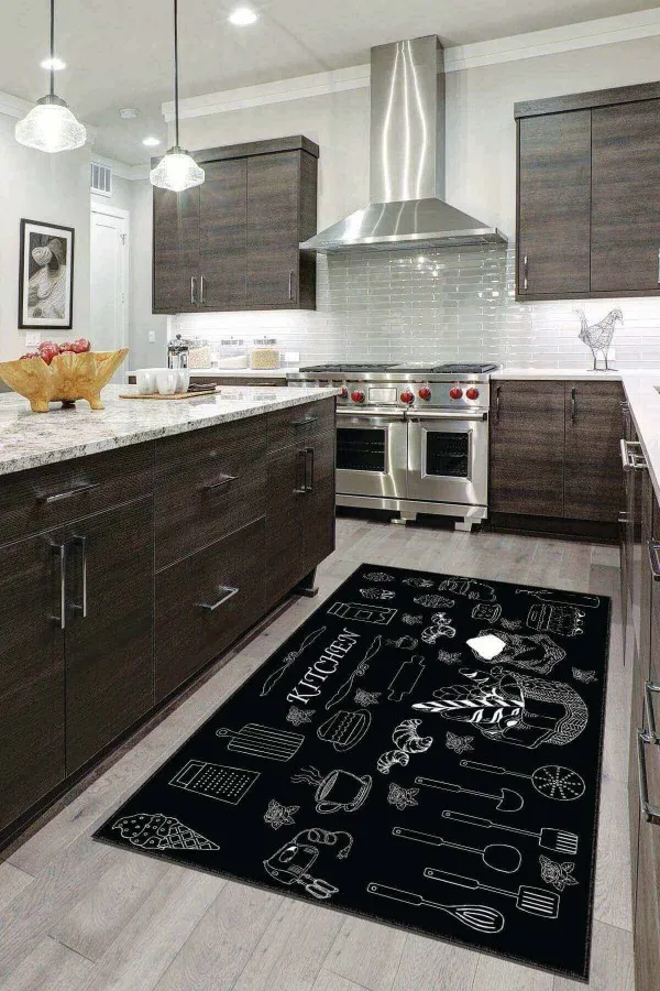 Mutfak Kaymaz Halı Modelleri Siyah Kaymaz Taban Yıkanan Kitchen Yazılı Mutfak Halısı MT09