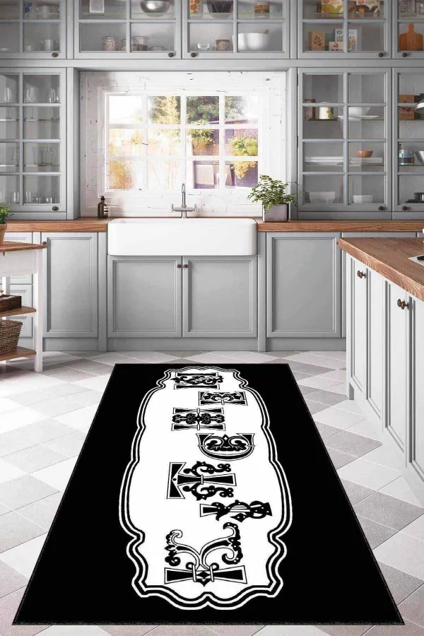 Mutfak Halıları 100X200 Siyah Kaymaz Taban Yıkanan Kitchen Yazılı Mutfak Halısı MT11
