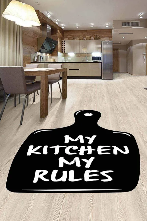 Mutfak Halıları 100X300 Siyah Lazer Kesim My Kitchen My Rules Mutfak Halısı MT21