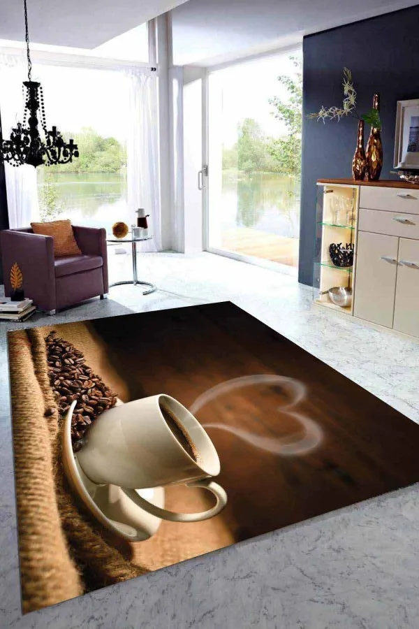 Yeni Mutfak Halıları Kahverengi Kaymaz Tabanlı Coffee Temalı Mutfak Halısı MT28