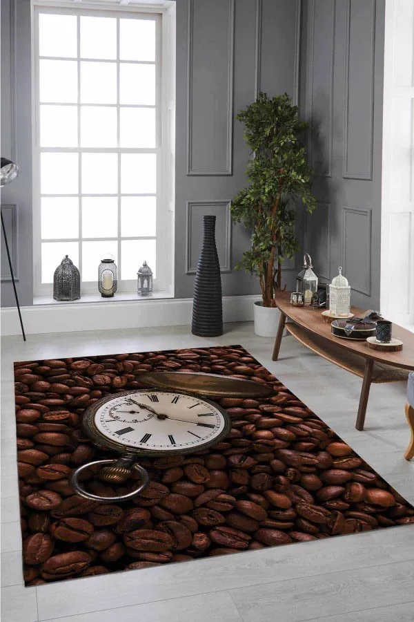 Mutfak Oval Halı Modelleri Kahverengi Kaymaz Tabanlı Coffee Temalı Mutfak Halısı MT31