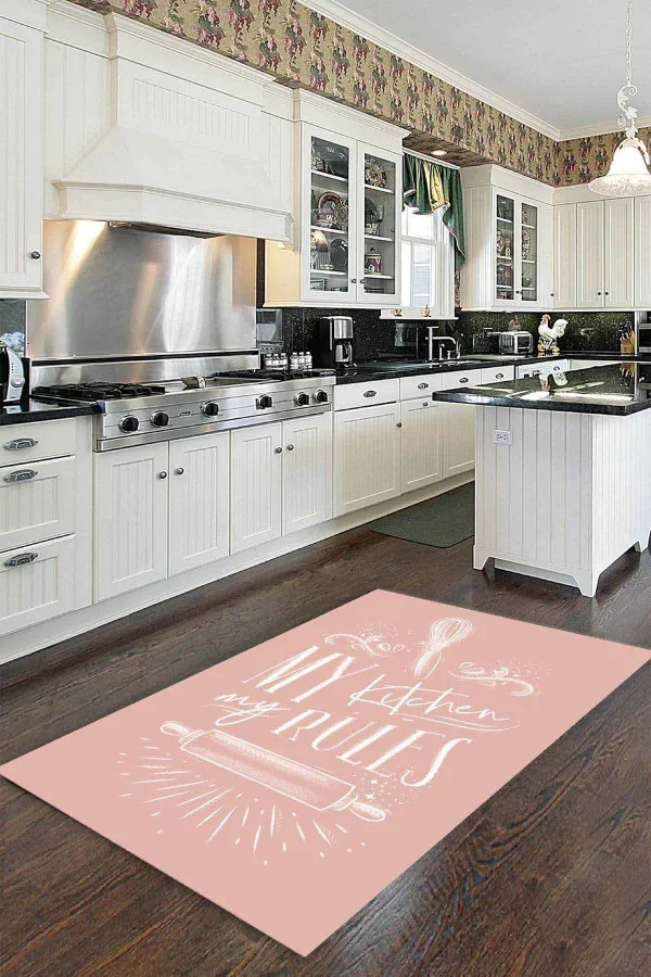 Rugviva Mutfak Halısı Pembe Kaymaz Tabanlı My Kitchen My Rules Mutfak Halısı MT47