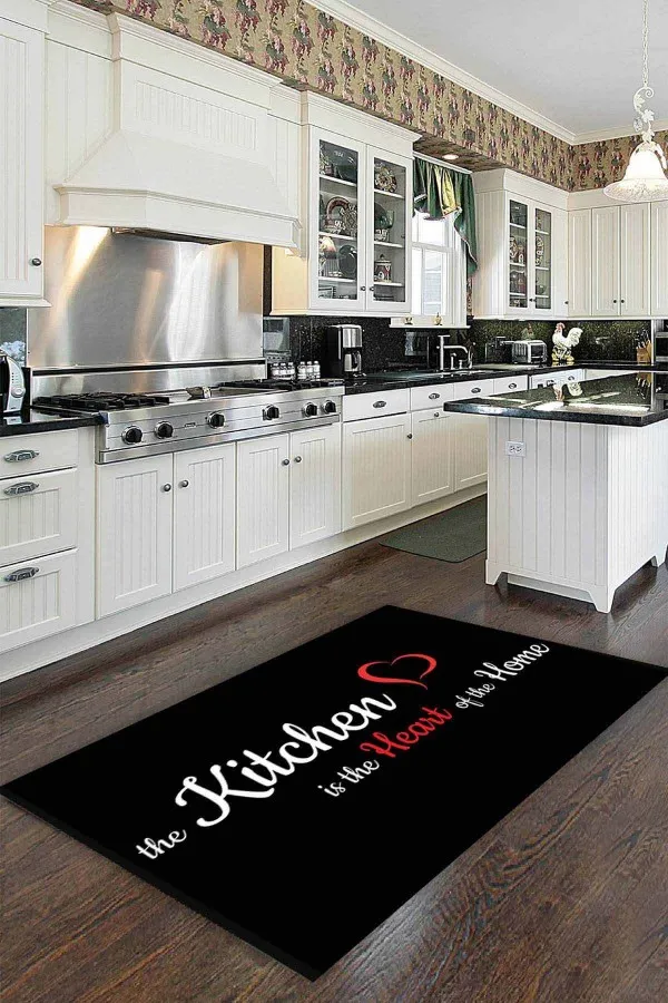 Mutfak Halıları 160X230 Siyah Kaymaz Taban Yıkanan Kitchen Yazılı Mutfak Halısı MT49