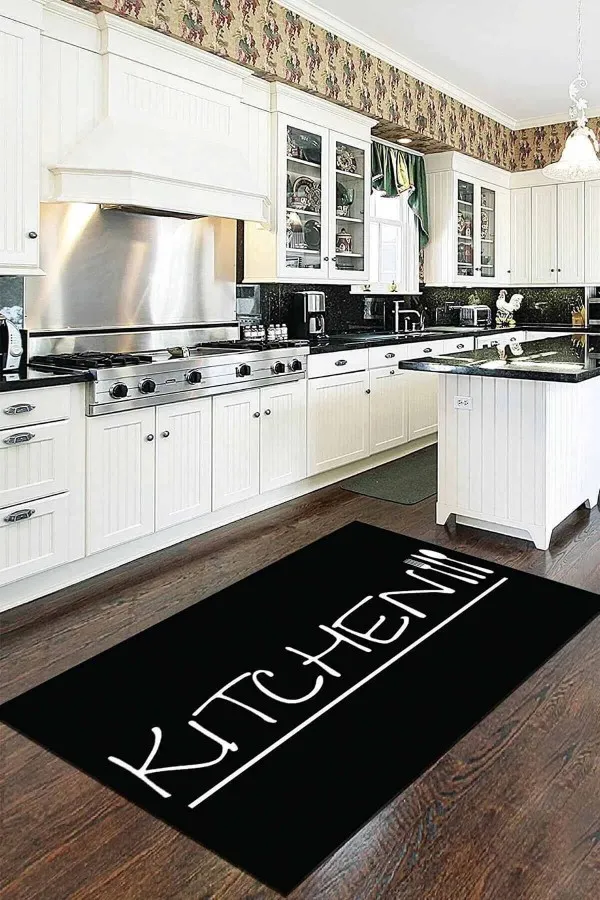 Mutfak İçin Yıkanabilir Halı Siyah Kaymaz Tabanlı Kitchen Yazılı Mutfak Halısı MTK04