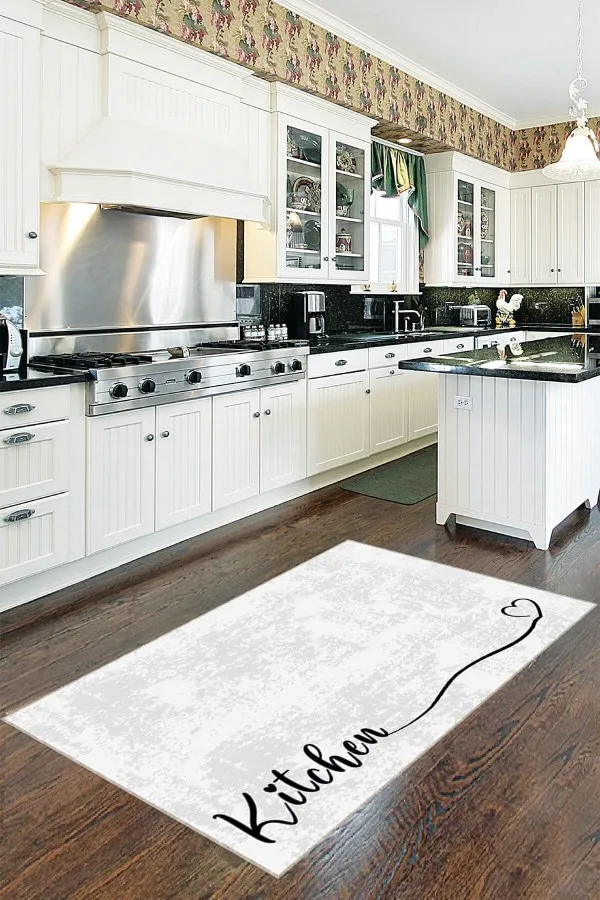 Kitchen Yazılı Halı Beyaz Kaymaz Tabanlı Kitchen Yazılı Mutfak Halısı Yolluk VH087