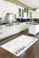 Kitchen Yazılı Halı Beyaz Kaymaz Tabanlı Kitchen Yazılı Mutfak Halısı Yolluk VH087