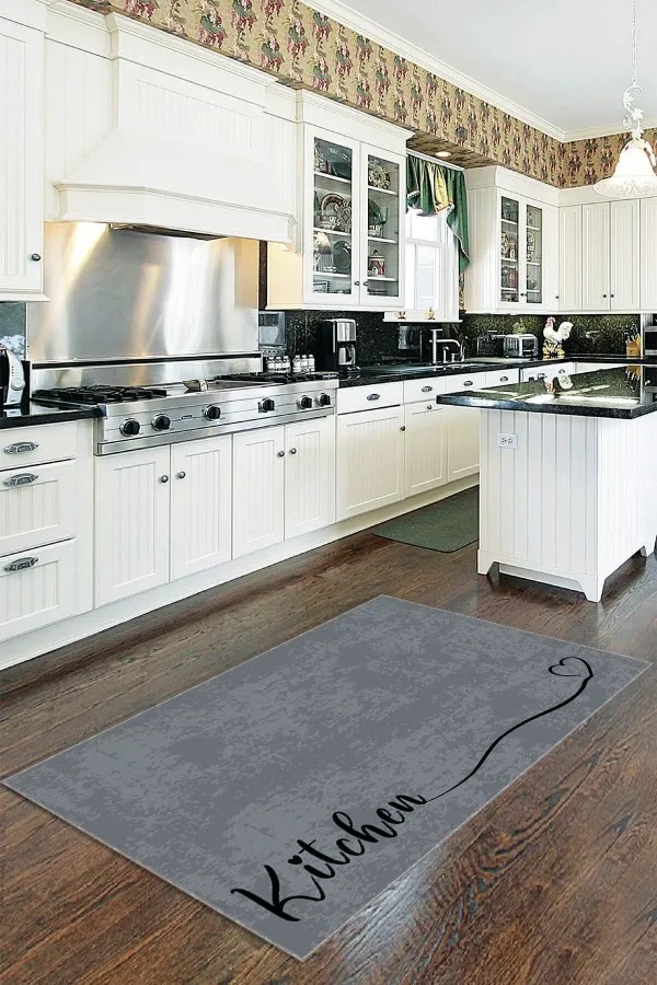 Kitchen Yazılı Yolluk Antrasit Kaymaz Tabanlı Kitchen Yazılı Mutfak Halısı Yolluk VH088