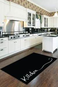 Siyah Kaymaz Tabanlı Kitchen Yazılı Mutfak Halısı Yolluk VH089