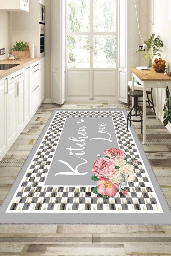 Gri Kaymaz Tabanlı Kitchen Love Mutfak Halısı Yolluk VH094