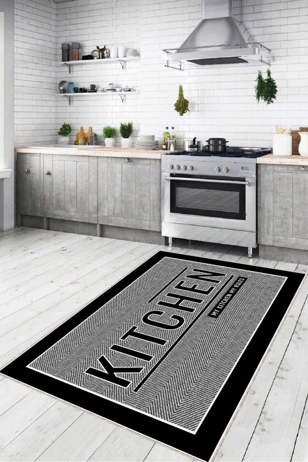 Siyah Kitchen Halı Gri Kaymaz Tabanlı Kitchen Yazan Mutfak Halısı Yolluk VH097