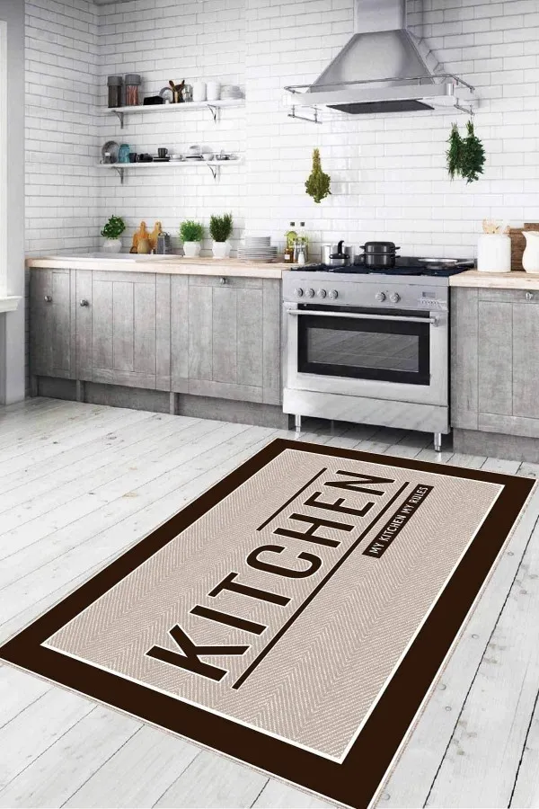 Mutfak Halısı Kitchen Bej Kaymaz Tabanlı Kitchen Yazılı Mutfak Halısı Yolluk VH098