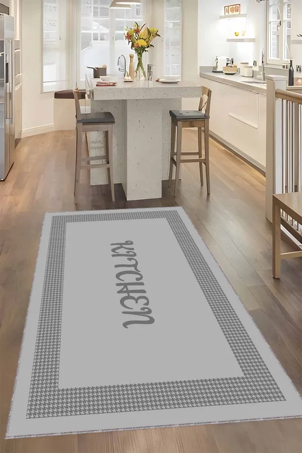 Gri Mutfak Halısı Gri Kaymaz Tabanlı Kitchen Yazan Mutfak Halısı Yolluk VH106