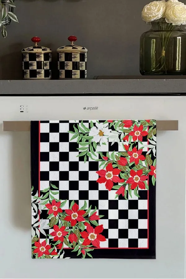 Kırmızı Mutfak Havlusu Kırmızı Çiçek Desenli Fırın Mutfak Havlusu 30x50cm