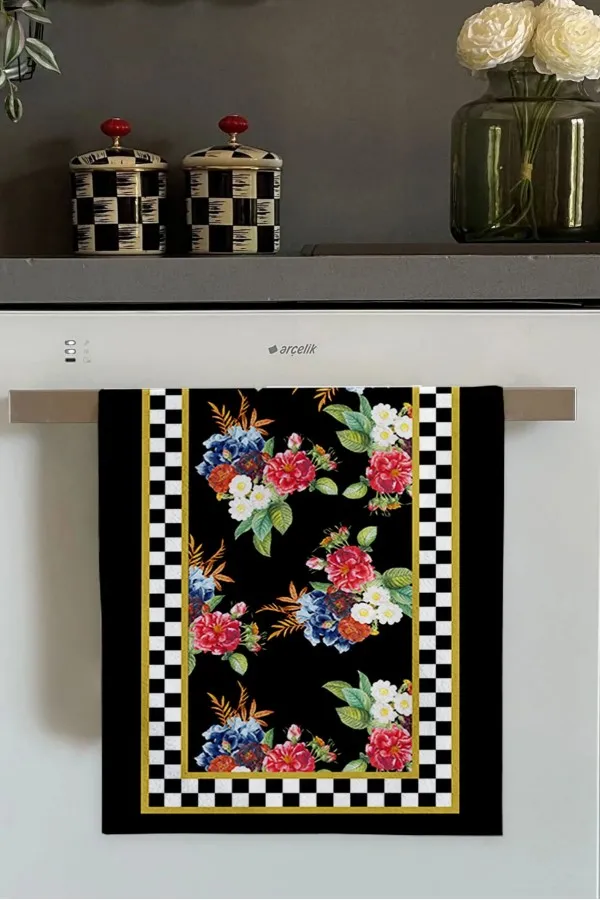 Kadife Mutfak Havlusu Fiyatları Siyah Çiçek Desenli Fırın Mutfak Havlusu 30x50cm