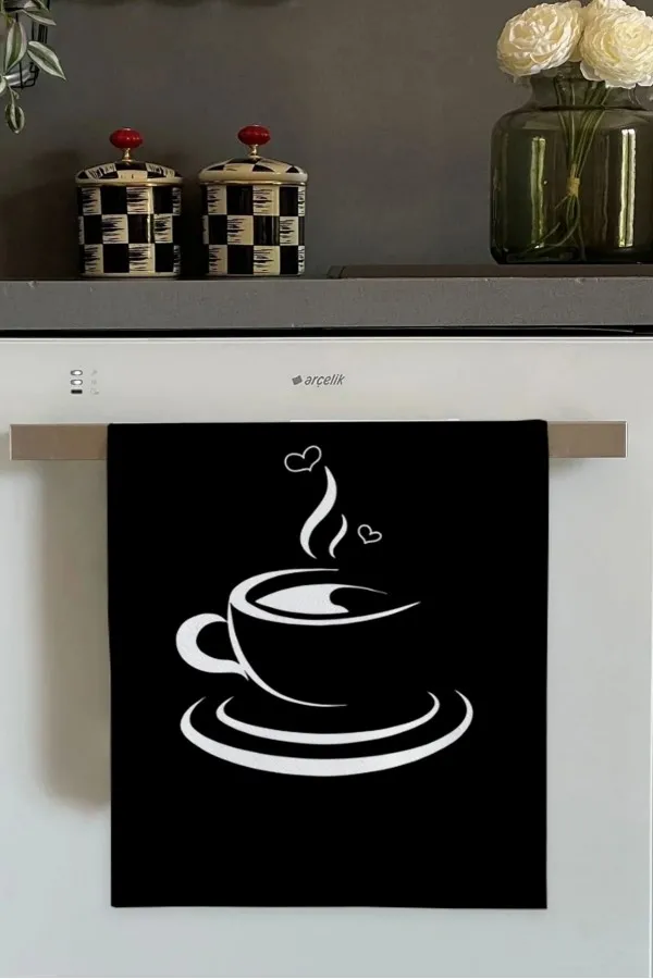 Mutfak Havlu Fiyatlari Siyah Fincan Desenli Fırın Mutfak Havlusu 30x50cm