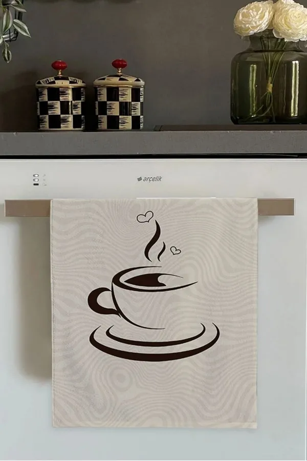 Bej Mutfak Havlusu Bej Fincan Desenli Fırın Mutfak Havlusu 30x50cm
