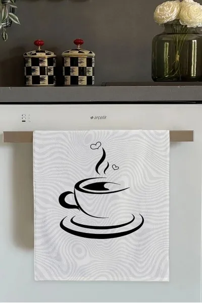 Beyaz Fincan Desenli Fırın Mutfak Havlusu 30x50cm