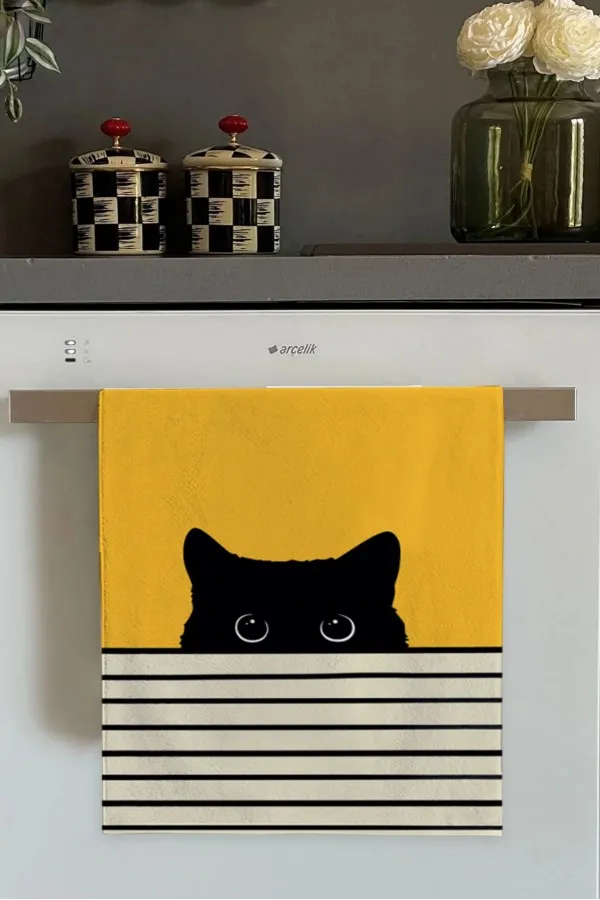 Pamuklu Mutfak Havlusu Sarı Kedili Fırın Mutfak Havlusu 30x50cm