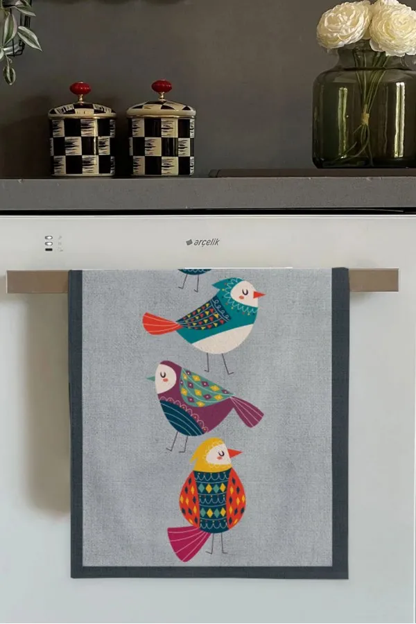 Hediyelik Mutfak Havluları Gri Papağan Desenli Fırın Mutfak Havlusu 30x50cm