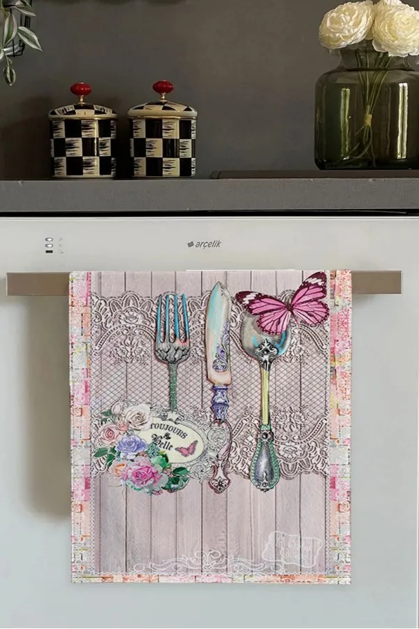 Mutfak Havlusu Küçük Pembe Kelebek Desenlili Fırın Mutfak Havlusu 30x50cm