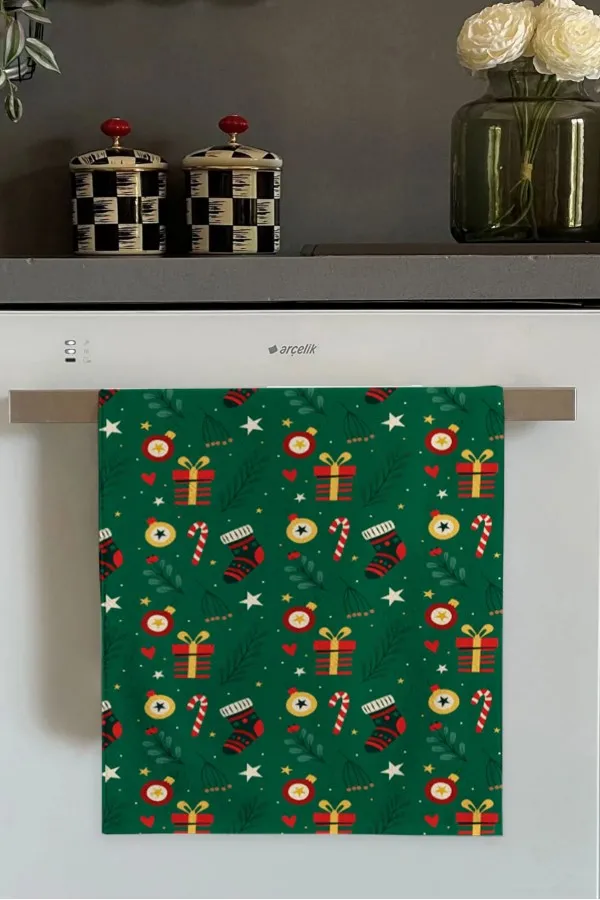 En Uygun Mutfak Havlusu Yeşil Yeni Yıl Temalı Yılbaşı Fırın Mutfak Havlusu 30x50cm