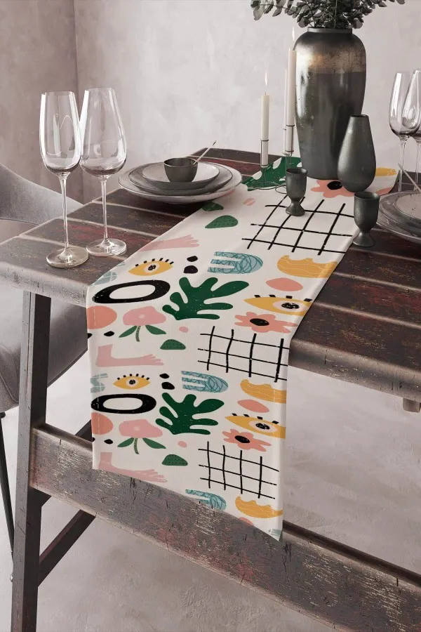 Modern Runner Masa Örtüsü Yeşil Modern Desenli Premium Masa Örtüsü Runner RNR038