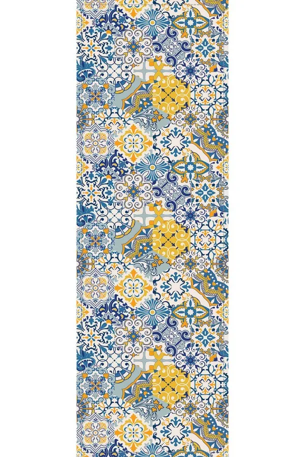 Runner Ve Supla Modelleri Sarı Çini Desenli Premium Masa Örtüsü Runner RNR046