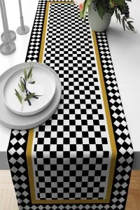 Siyah Çerçeveli Desen Premium Masa Örtüsü Runner RNR073 Siyah Çerçeveli Desen Premium Masa Örtüsü Runner RNR073
