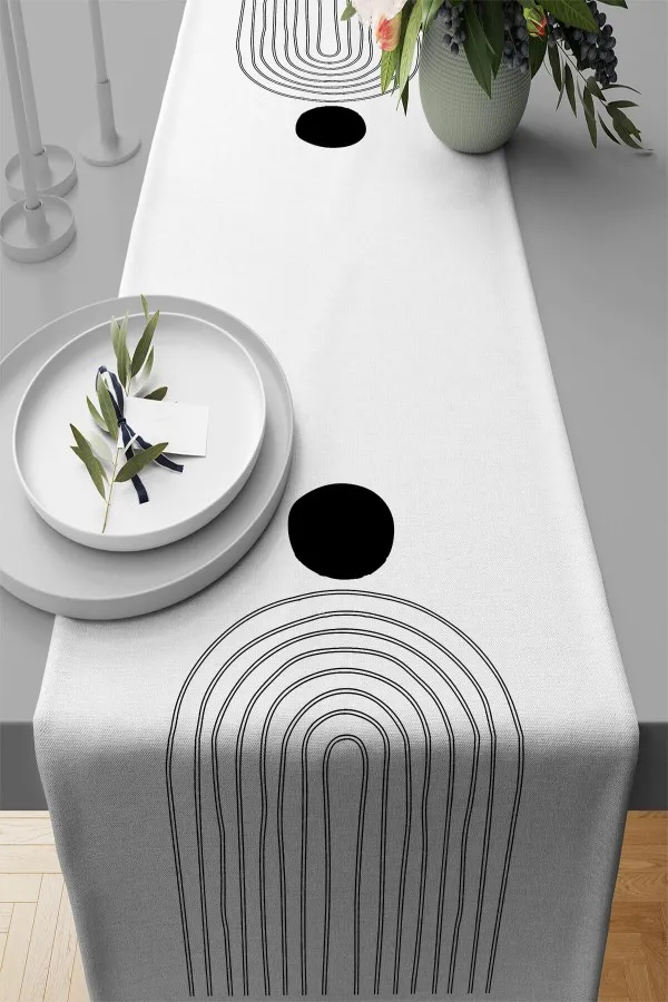 Runner Siyah Beyaz Beyaz Modern Desenli Premium Masa Örtüsü Runner RNR095
