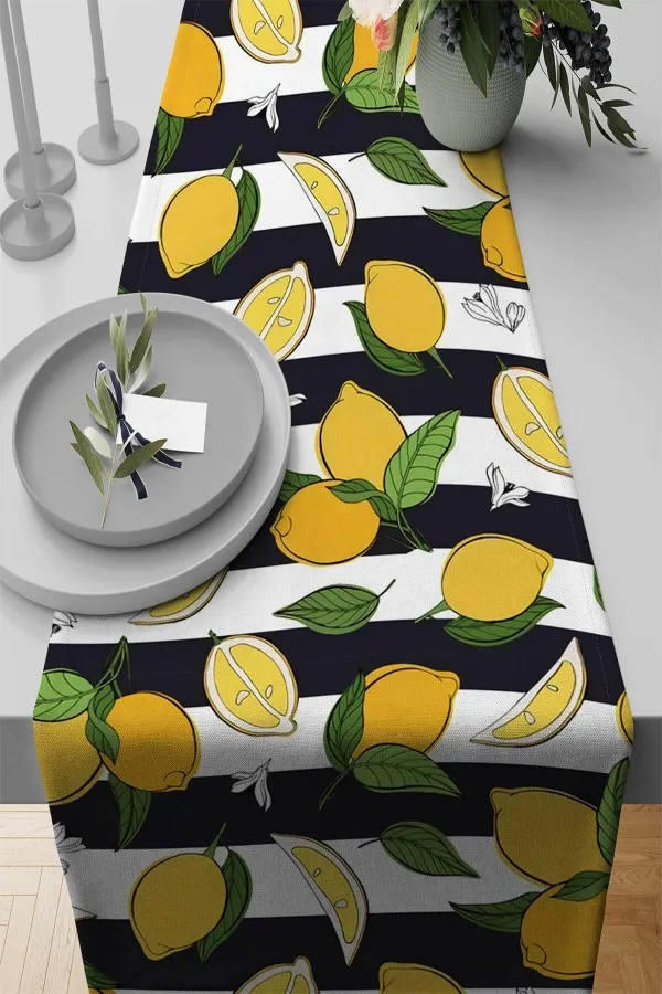 Boncuklu Runner Modelleri Sarı Limon Desenli Premium Masa Örtüsü Runner RNR124