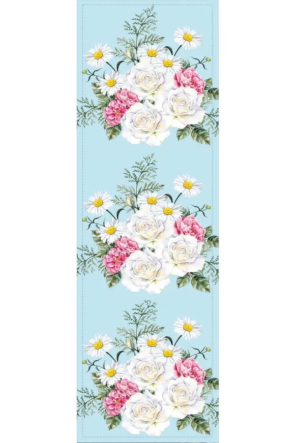 Çiçek Desenli Runner Mavi Çiçekli Desen Premium Masa Örtüsü Runner RNR131