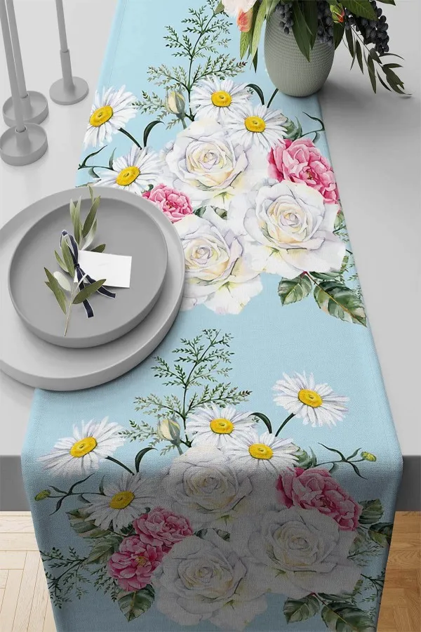 Çiçek Desenli Runner Mavi Çiçekli Desen Premium Masa Örtüsü Runner RNR131