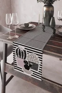 Siyah Kaktüs Desenli Premium Masa Örtüsü Runner RNR133 Siyah Kaktüs Desenli Premium Masa Örtüsü Runner RNR133