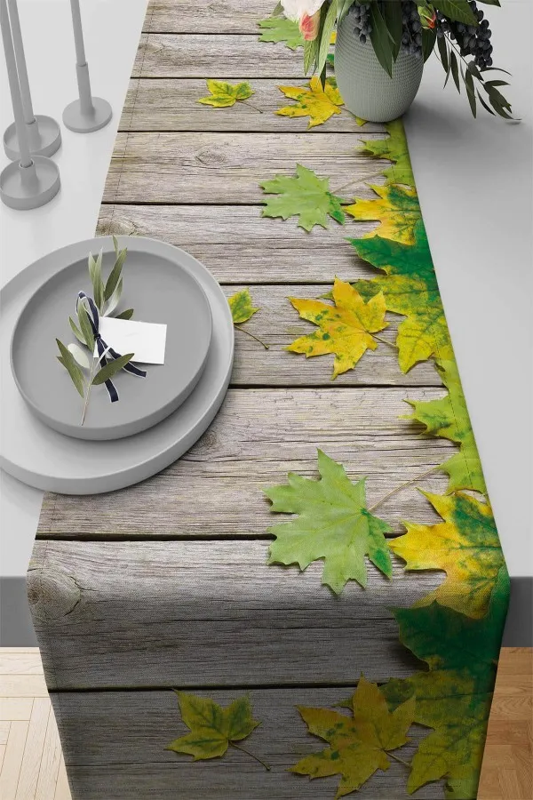 Üç Boyutlu Runner Modelleri Yeşil Çınar 3D Desenli Premium Masa Örtüsü Runner RNR150