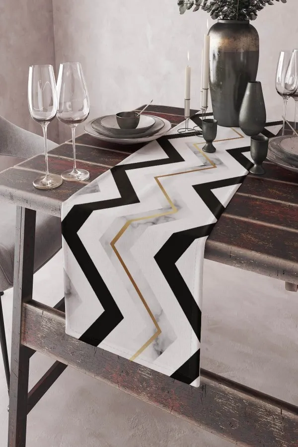 Gold Runner Örtü Gold Zigzaglı Desen Premium Masa Örtüsü Runner RNR156