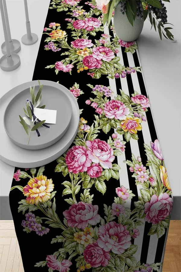 Çiçekli Runner Modelleri Pembe Çiçek Desenli Premium Masa Örtüsü Runner RNR159