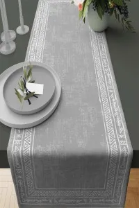 Gri Etnik Desenli Premium Masa Örtüsü Runner RNR215 Gri Etnik Desenli Premium Masa Örtüsü Runner RNR215
