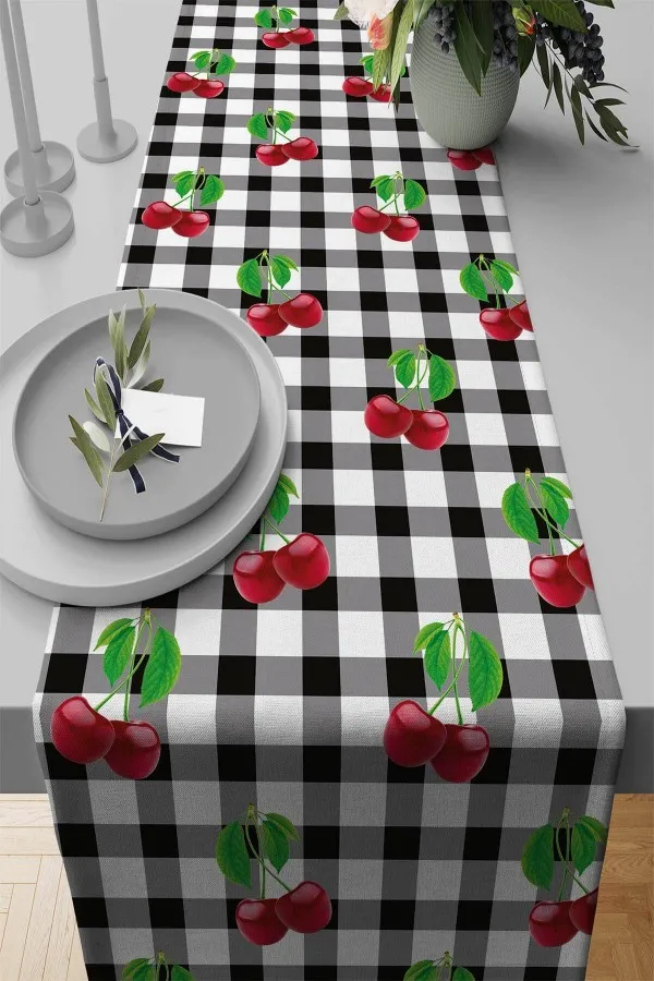 Restaurant Masa Örtüsü Runner Kırmızı Meyve Desen Kiraz Premium Masa Örtüsü Runner RNR219
