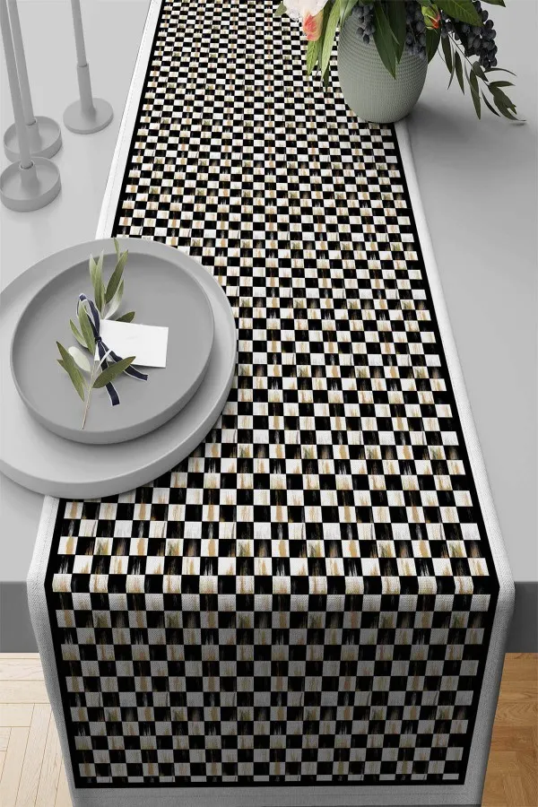 Siyah Beyaz Kareli Runner Beyaz Mutfak Mackenzie Premium Masa Örtüsü Runner RNR227