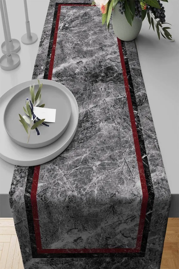 Bordo Çerçeveli Desen Premium Masa Örtüsü Runner RNR242