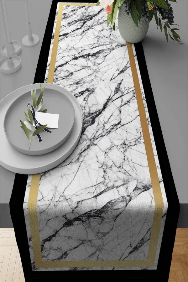 Siyah Gold Runner Gold Çerçeveli Desen Premium Masa Örtüsü Runner RNR246
