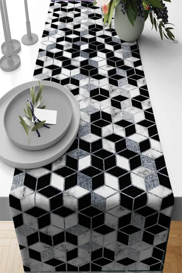 Siyah Runner Siyah Petek Desenli Premium Masa Örtüsü Runner RNR269