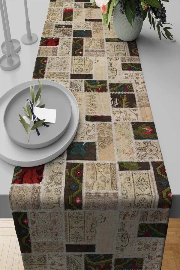 Masa Örtüsü Runner Fiyatları Bej Patchwork Desenli Premium Masa Örtüsü Runner RNR289