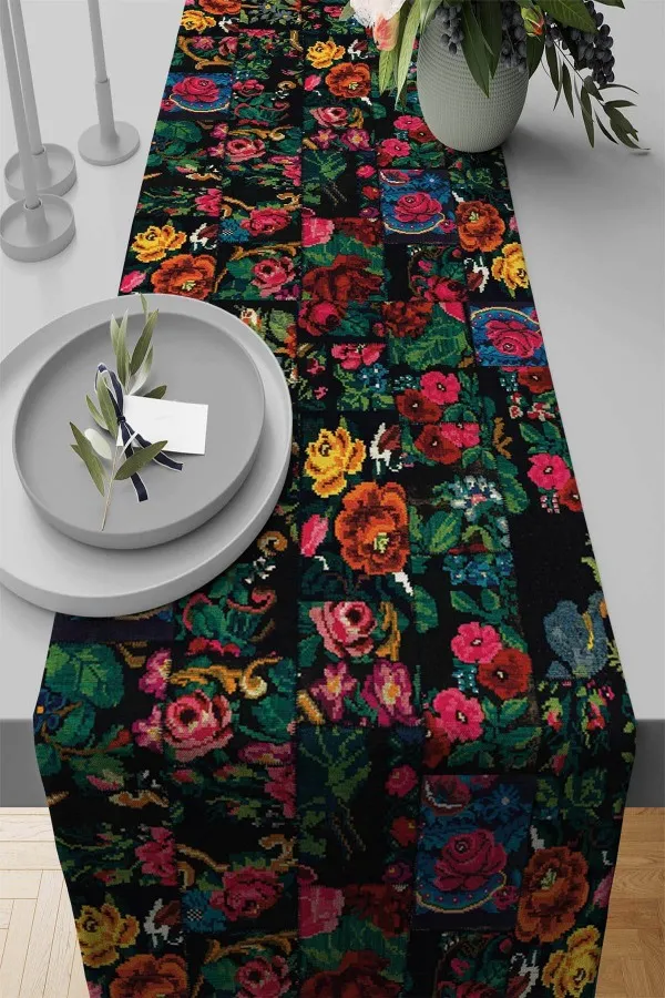 Siyah Runner Siyah Patchwork Desenli Premium Masa Örtüsü Runner RNR290