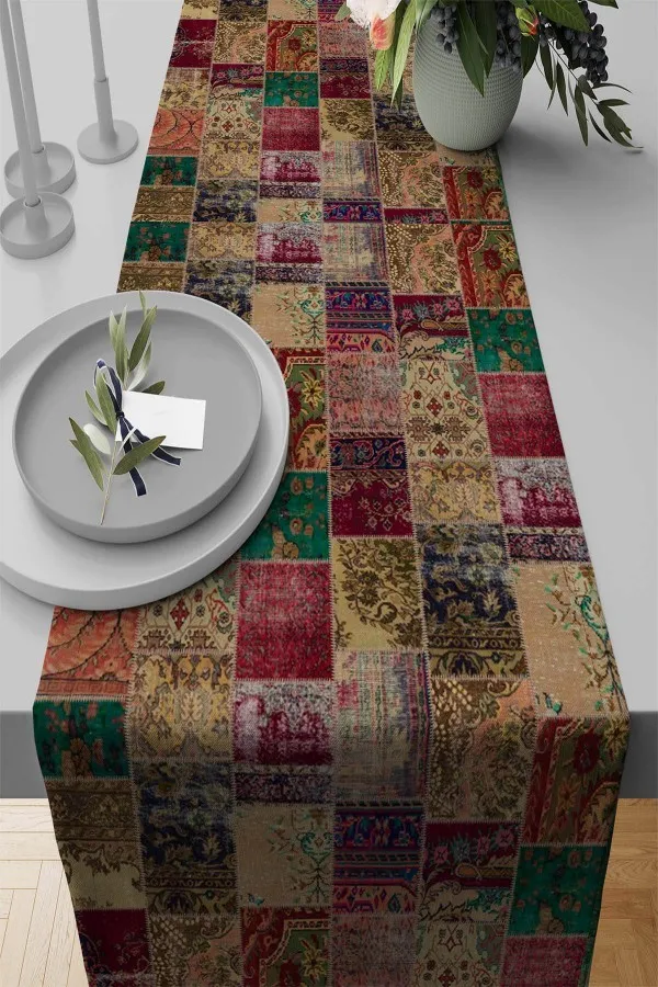 Renkli Runner Modelleri Çok Renkli Patchwork Premium Masa Örtüsü Runner RNR293