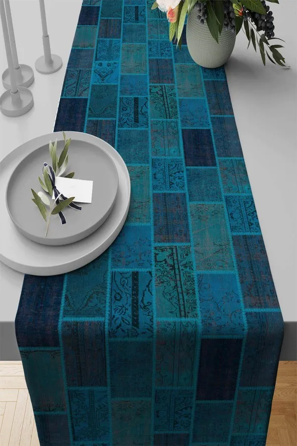 Runner Fiyatları Turkuaz Patchwork Desenli Premium Masa Örtüsü Runner RNR294
