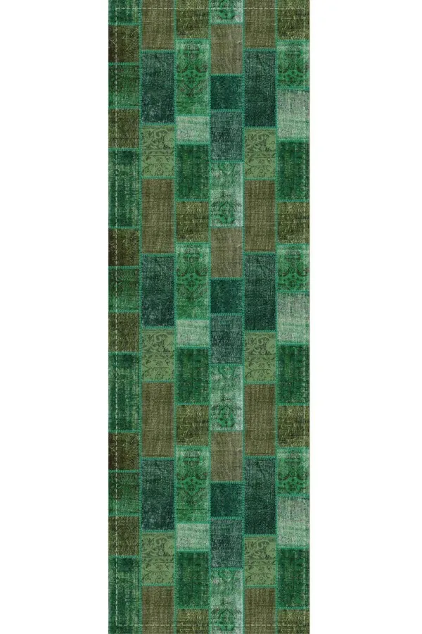 Masa Örtüsü Runner Modelleri Yeşil Patchwork Desenli Premium Masa Örtüsü Runner RNR295