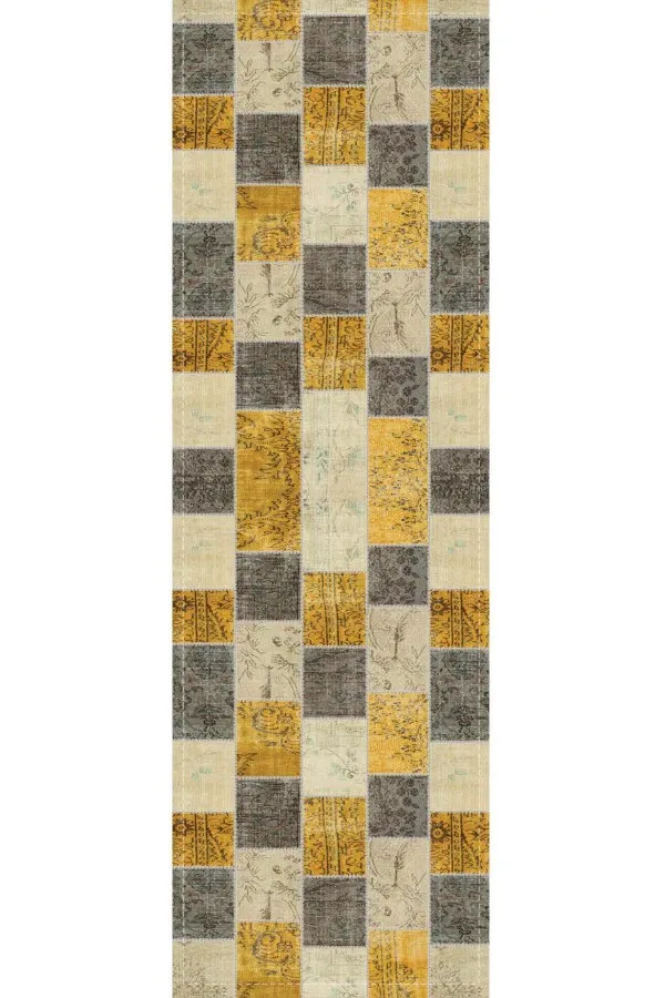 Runner Gri Sarı Patchwork Desenli Premium Masa Örtüsü Runner RNR296