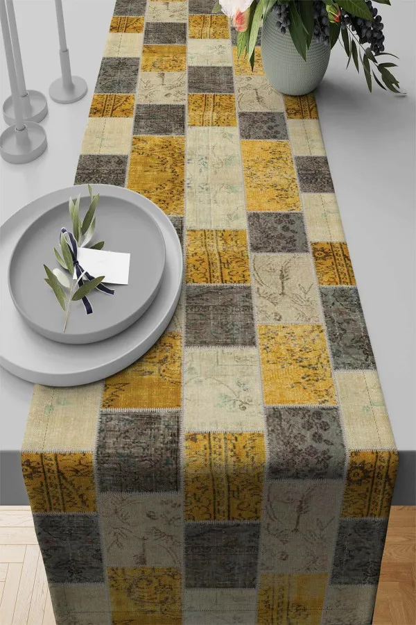 Runner Gri Sarı Patchwork Desenli Premium Masa Örtüsü Runner RNR296